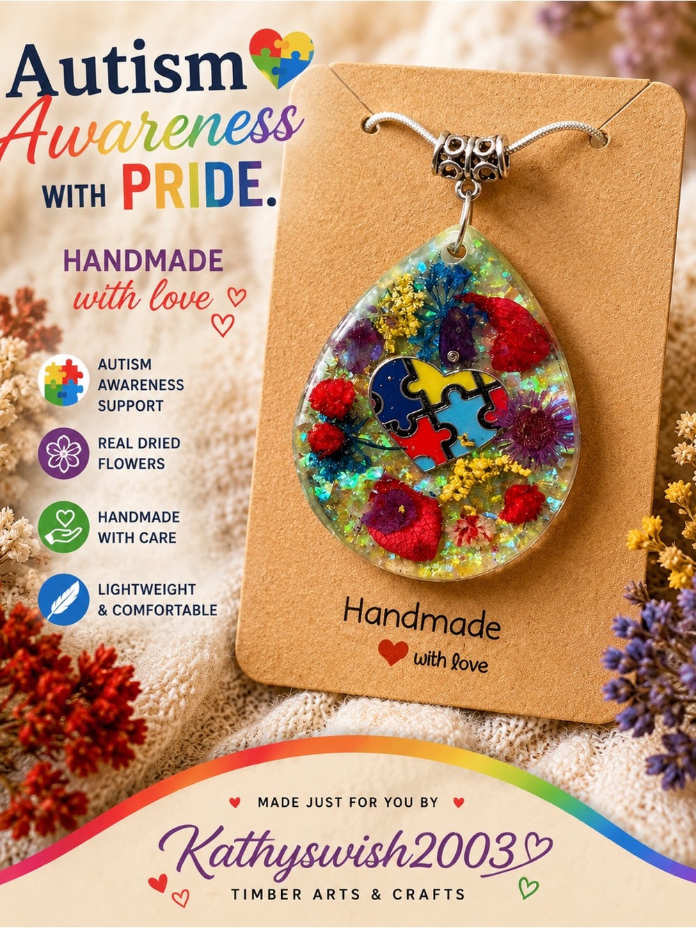 Autism Awareness Resin Teardrop Pendant With Dried Flowers & Autism Charm
